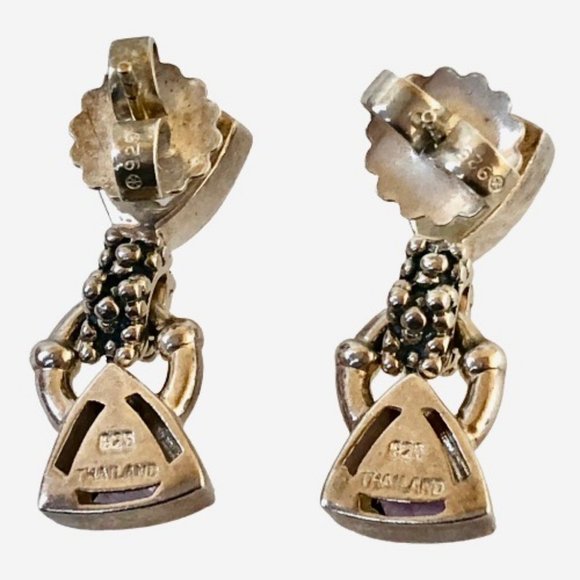 Sterling Silver & Amethyst Vintage Earrings Post Drop Dangle Triangle Shape - Picture 8 of 11